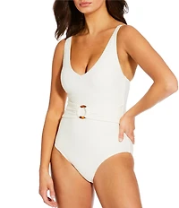 Alex Marie Diamond Textured Solid V-Neck Belted Tortoise Ring One Piece Swimsuit