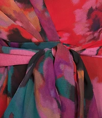 Alex Marie Diana Chiffon Floral Print V-Neck Long Blouson Sleeve Tie Waist Hi-Low Flounce Wrap Maxi Dress