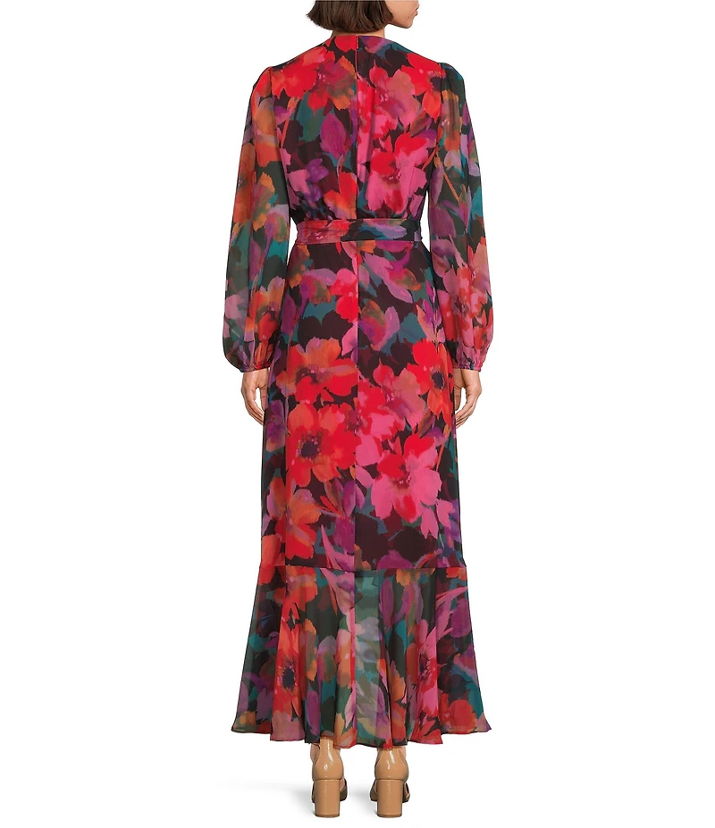 Alex Marie Diana Chiffon Floral Print V-Neck Long Blouson Sleeve Tie Waist Hi-Low Flounce Wrap Maxi Dress