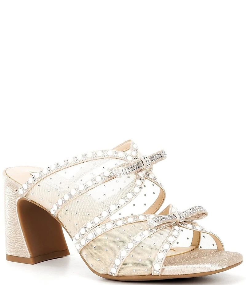 Alex Marie Evelyn Mesh Pearl Double Bow Dress Slide Sandals