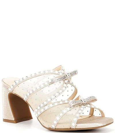 Alex Marie Evelyn Mesh Pearl Double Bow Dress Slide Sandals