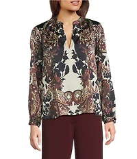 Alex Marie Harley Printed Satin Long Sleeve V-Neck Blouse