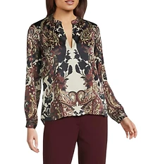 Alex Marie Harley Printed Satin Long Sleeve V-Neck Blouse