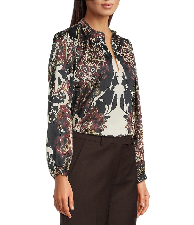 Alex Marie Harley Printed Satin Long Sleeve V-Neck Blouse
