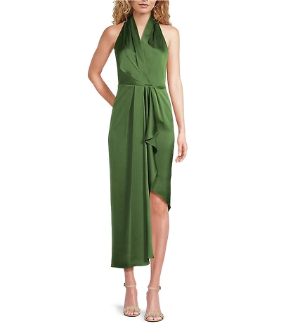 Alex Marie Hazel Surplice V-Neck Sleeveless Satin Asymmetrical Hem Sheath Midi Dress