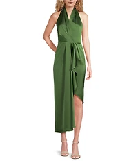 Alex Marie Hazel Surplice V-Neck Sleeveless Satin Asymmetrical Hem Sheath Midi Dress