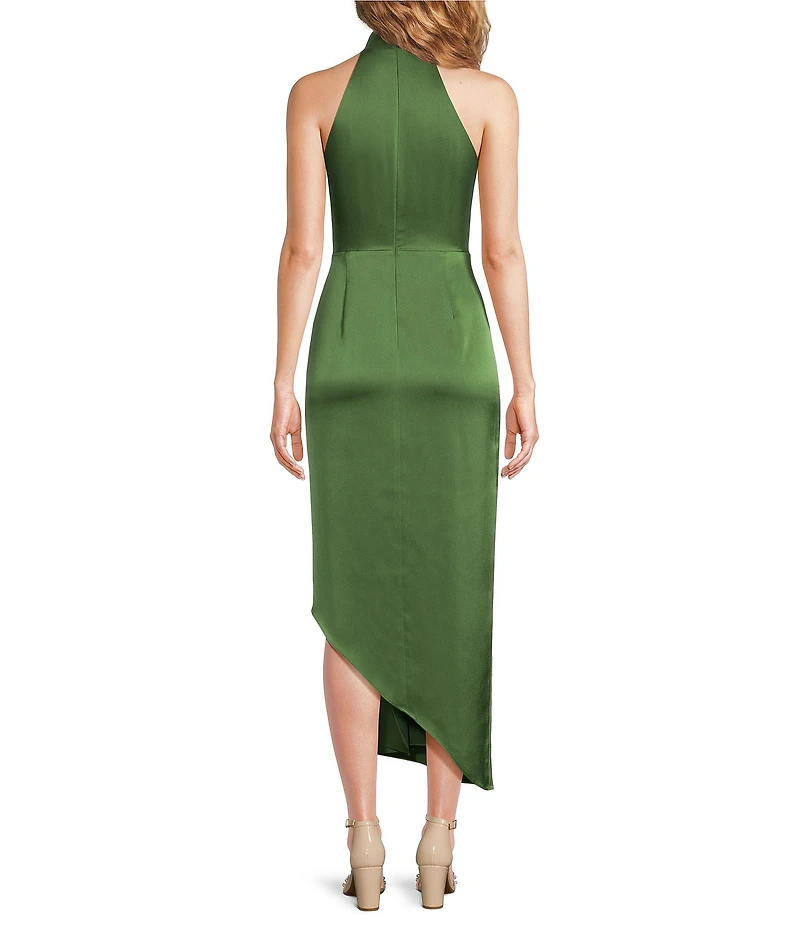 Alex Marie Hazel Surplice V-Neck Sleeveless Satin Asymmetrical Hem Sheath Midi Dress