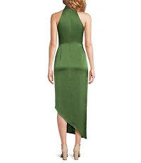Alex Marie Hazel Surplice V-Neck Sleeveless Satin Asymmetrical Hem Sheath Midi Dress