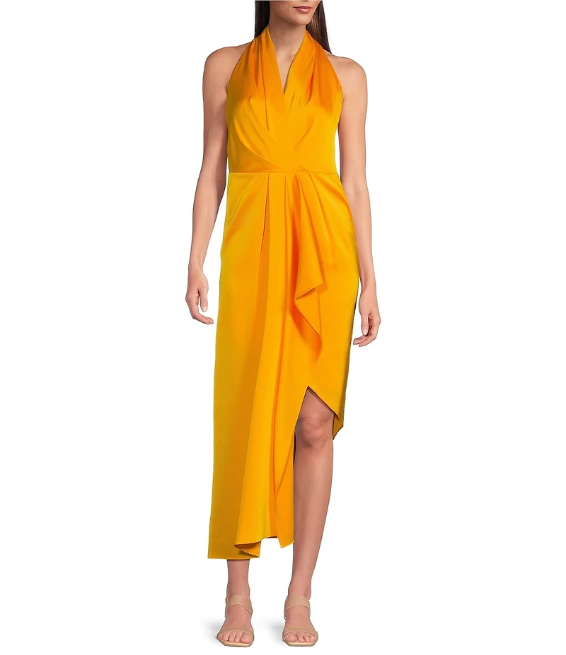 Alex Marie Hazel Surplice V-Neck Sleeveless Satin Asymmetrical Hem Midi Dress