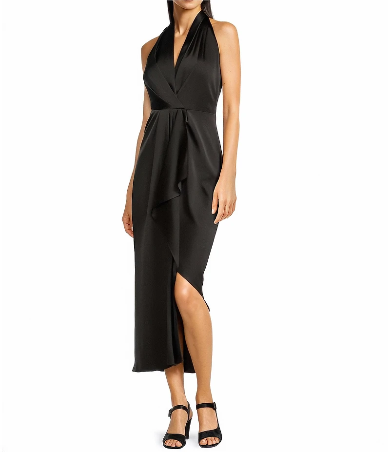 Alex Marie Hazel Surplice V-Neck Sleeveless Satin Asymmetrical Hem Midi Dress
