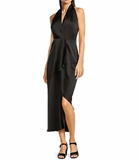 Alex Marie Hazel Surplice V-Neck Sleeveless Satin Asymmetrical Hem Midi Dress