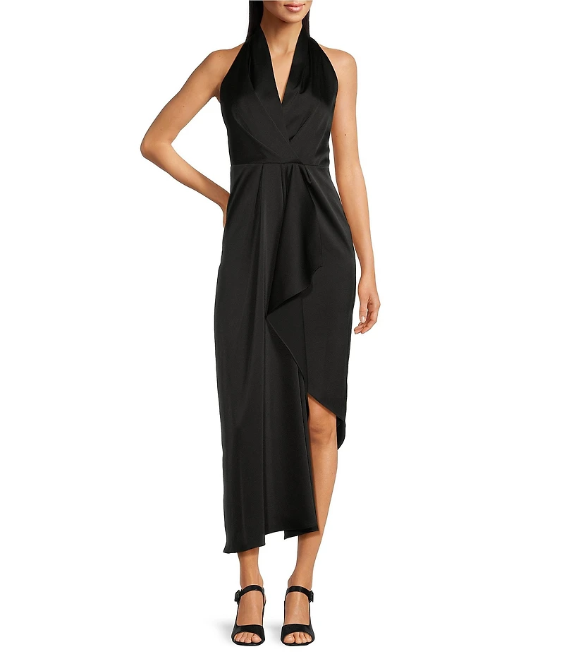 Alex Marie Hazel Surplice V-Neck Sleeveless Satin Asymmetrical Hem Midi Dress