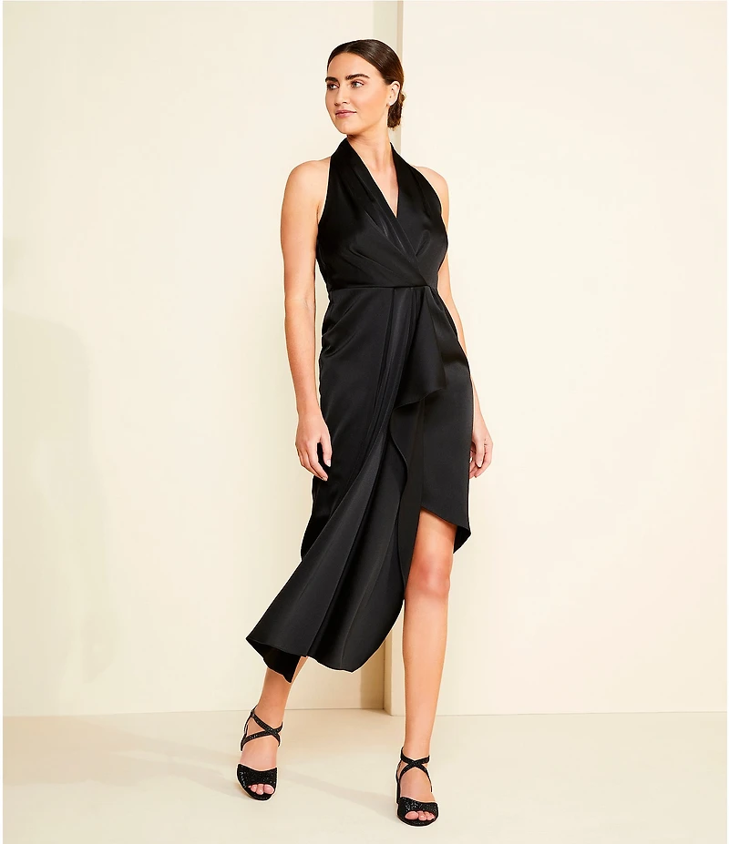Alex Marie Hazel Surplice V-Neck Sleeveless Satin Asymmetrical Hem Midi Dress