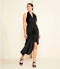 Alex Marie Hazel Surplice V-Neck Sleeveless Satin Asymmetrical Hem Midi Dress
