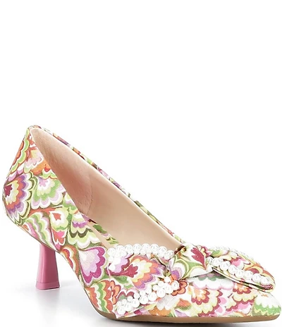Alex Marie Iris Three Multi Print Pearl Embellished Bow Kitten Heel Pumps