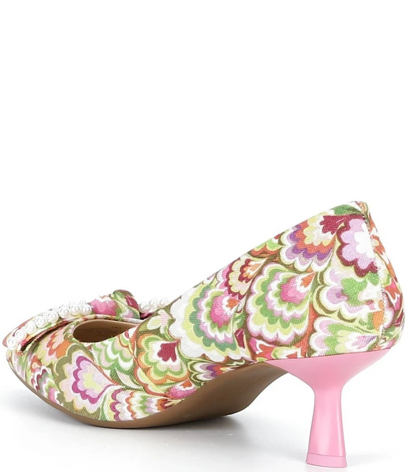 Alex Marie Iris Three Multi Print Pearl Embellished Bow Kitten Heel Pumps