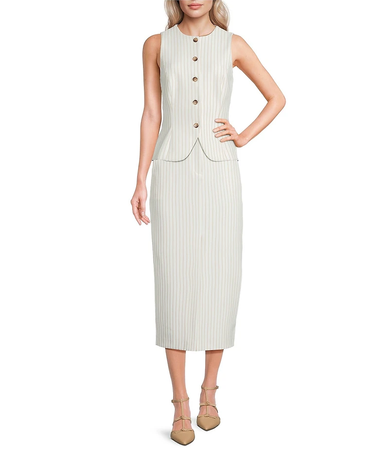 Alex Marie Jackie Coordinating Pinstripe Novelty Suiting Midi Skirt