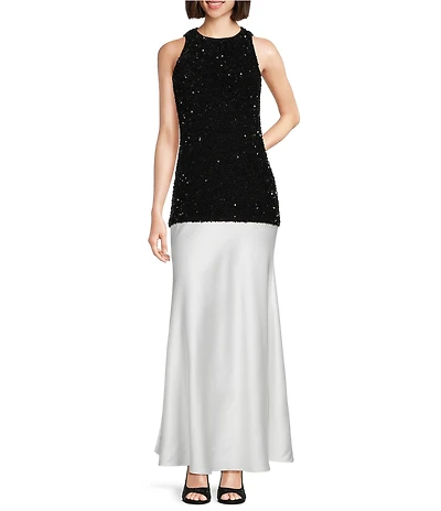 Alex Marie Jemma Sequin Satin Sleeveless Halter Maxi Gown