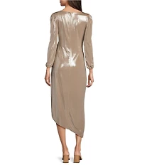Alex Marie Jenna Foiled Metallic High Boat Neck Long Blouson Sleeve Faux Wrap Ruched Asymmetrical Hem Midi Dress