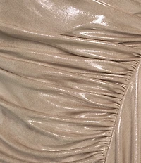 Alex Marie Jenna Foiled Metallic High Boat Neck Long Blouson Sleeve Faux Wrap Ruched Asymmetrical Hem Midi Dress