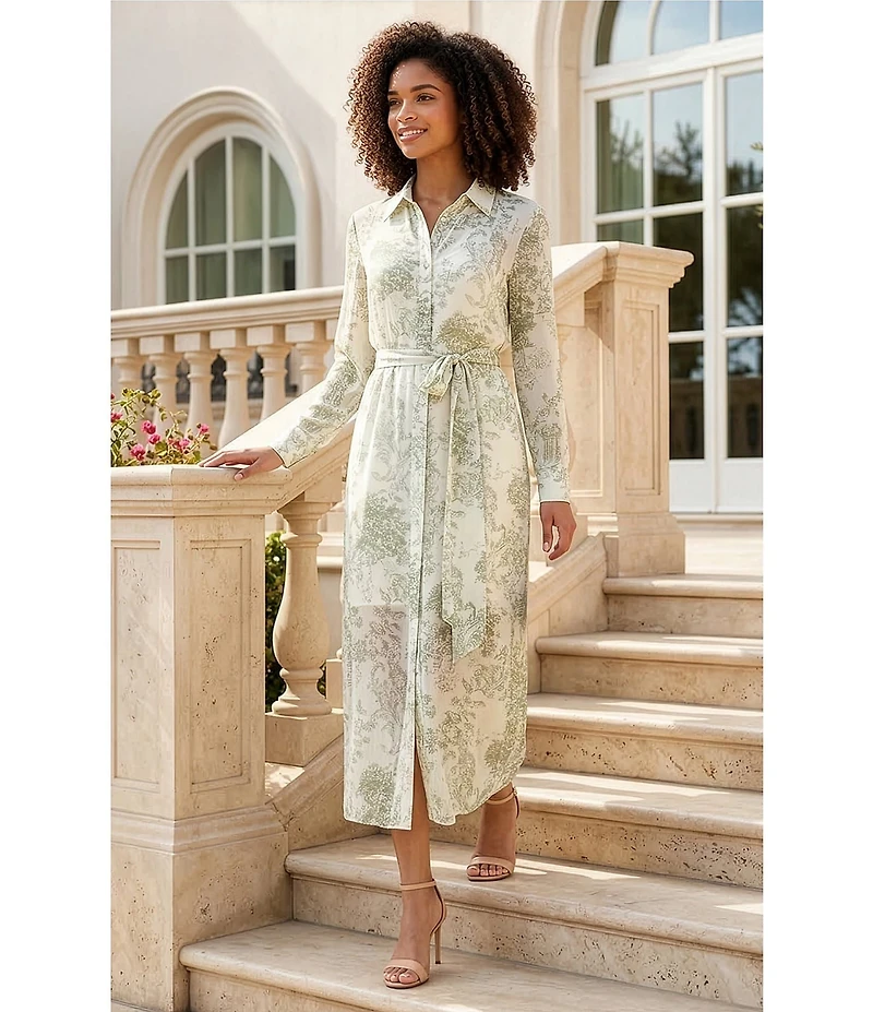 Alex Marie Jessie Printed Chiffon Collar Long Sleeve Midi Dress