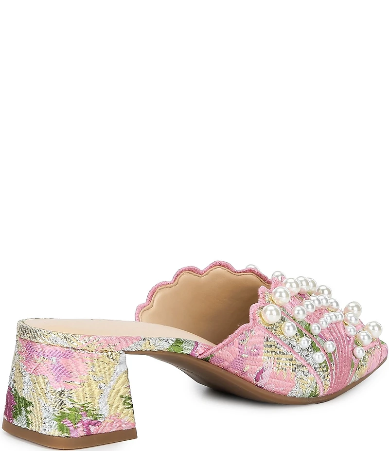 Alex Marie Johanna Floral Brocade Pearl Embellished Block Heel Dress Sandals