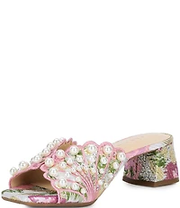 Alex Marie Johanna Floral Brocade Pearl Embellished Block Heel Dress Sandals