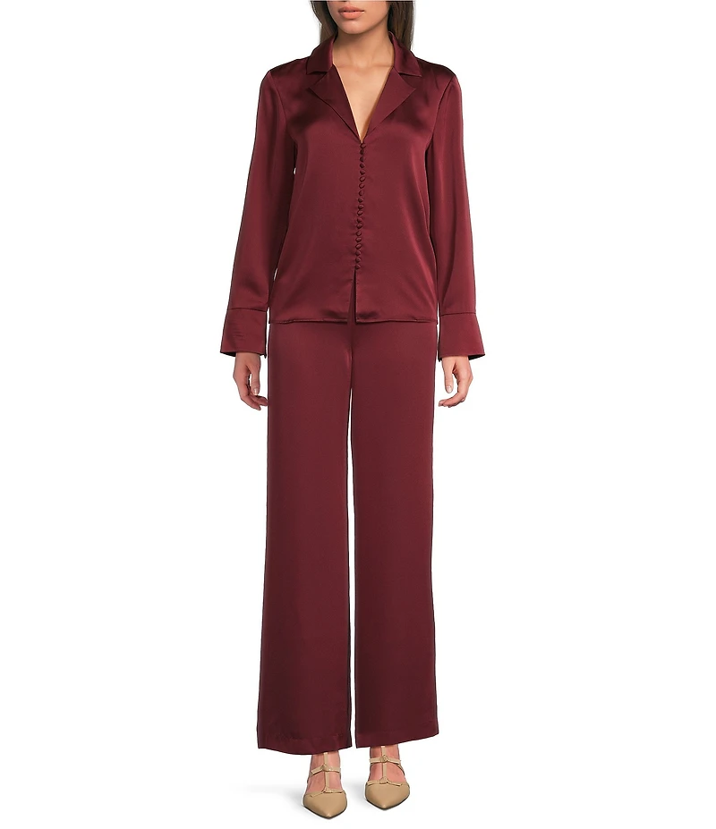 Alex Marie Josefine Stretch Satin Notch Collar Long Sleeve Button Front Blouse