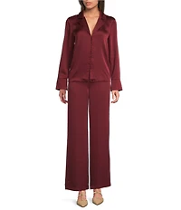 Alex Marie Josefine Stretch Satin Notch Collar Long Sleeve Button Front Blouse