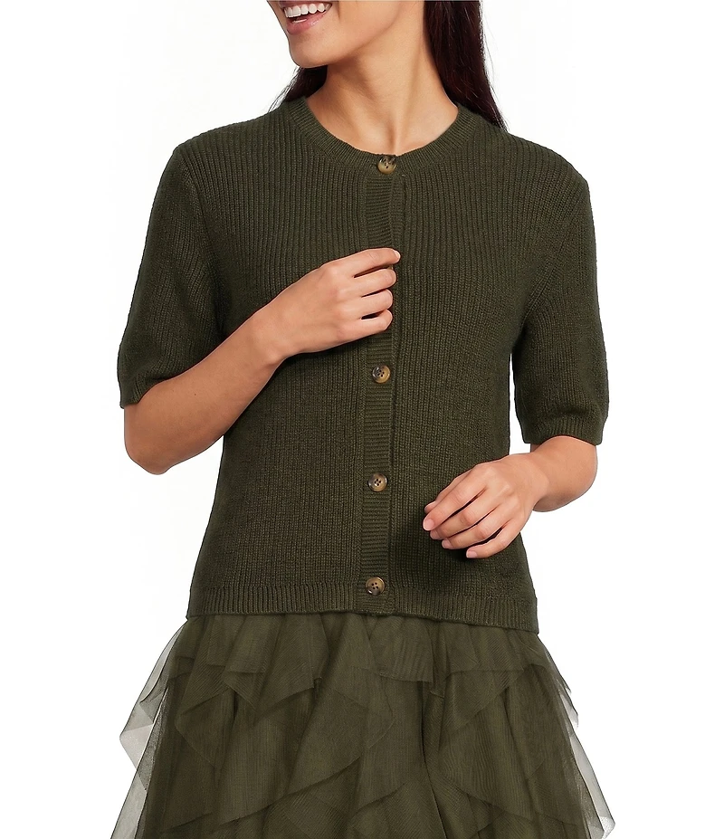 Alex Marie Julia Desert Terry Yarn Round Neck Short Sleeve Cardigan
