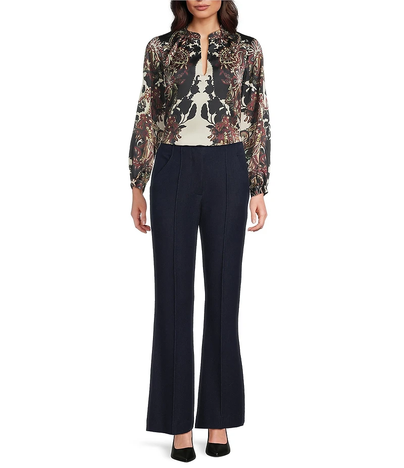 Alex Marie Justine Chambray Flat Front Full Length Wide Leg Pants