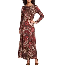 Alex Marie Kate Paisley Printed Satin Crew Neck Long Sleeve Belted Maxi Dress