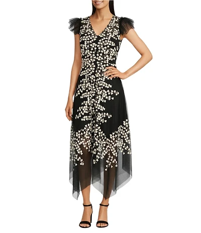 Alex Marie Kate V-Neck Short Flutter Sleeve Embroidered Lace Midi Dress