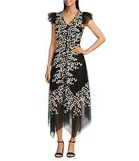 Alex Marie Kate V-Neck Short Flutter Sleeve Embroidered Lace Midi Dress