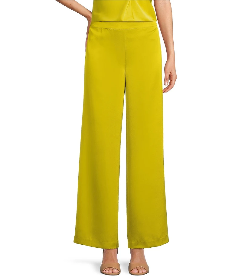 Alex Marie Kristen Stretch Satin Flat Front Full Length Wide Leg Pants