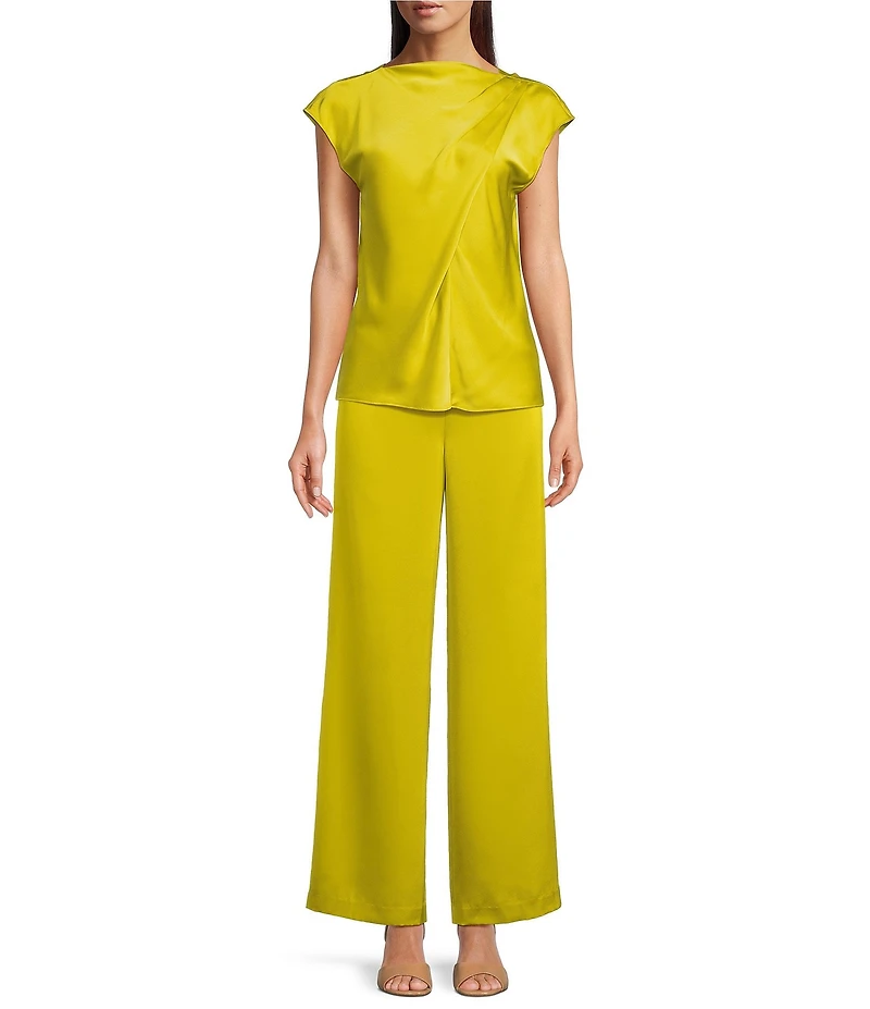 Alex Marie Kristen Stretch Satin Flat Front Full Length Wide Leg Pants