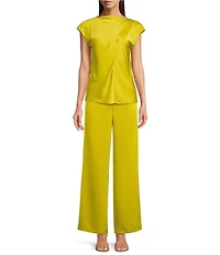 Alex Marie Kristen Stretch Satin Flat Front Full Length Wide Leg Pants