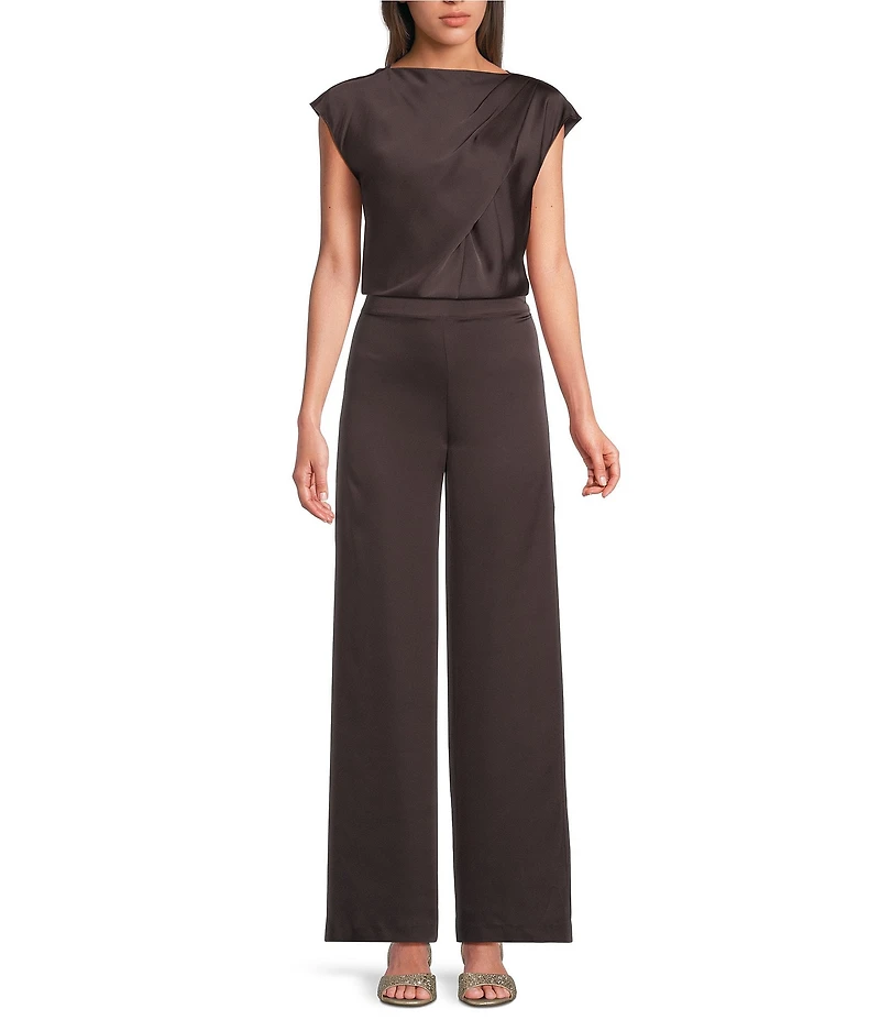 Alex Marie Kristen Stretch Satin Flat Front Full Length Wide Leg Pants