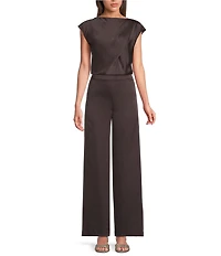 Alex Marie Kristen Stretch Satin Flat Front Full Length Wide Leg Pants