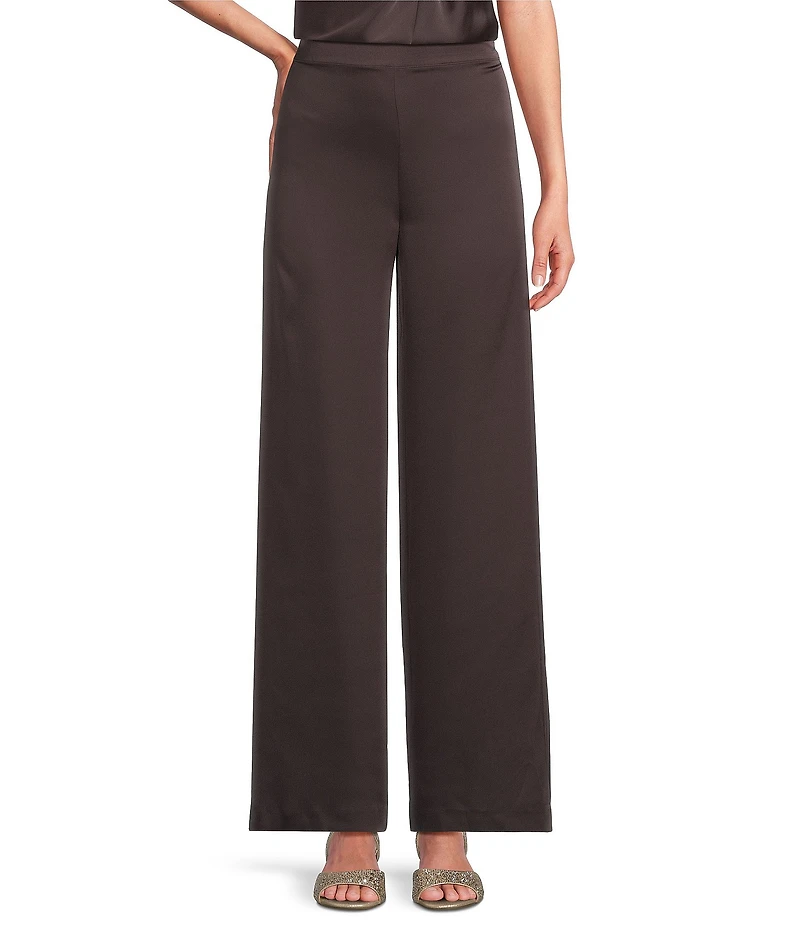 Alex Marie Kristen Stretch Satin Flat Front Full Length Wide Leg Pants