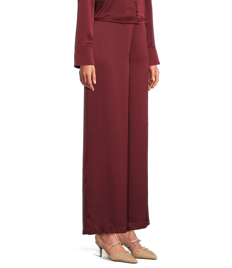 Alex Marie Kristen Stretch Satin Flat Front Full Length Wide Leg Pants