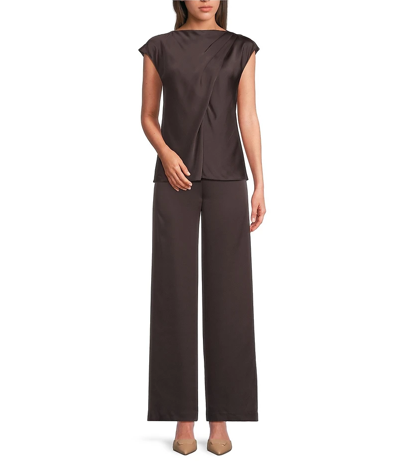 Alex Marie Kristen Stretch Satin Flat Front Full Length Wide Leg Pants