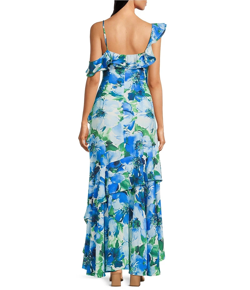 Alex Marie Lacey Ruffle Sleeveless Floral Asymmetric Hem Maxi Dress