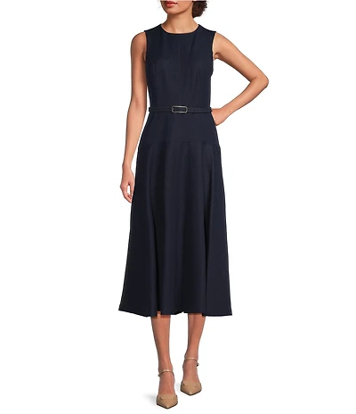 Alex Marie Leigh Chambray Round Neck Sleeveless Belted A-Line Dress