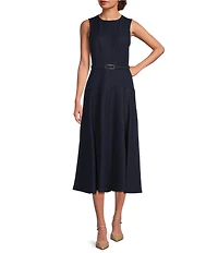 Alex Marie Leigh Chambray Round Neck Sleeveless Belted A-Line Dress