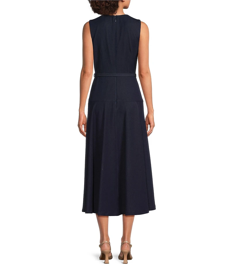Alex Marie Leigh Chambray Round Neck Sleeveless Belted A-Line Dress