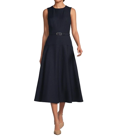 Alex Marie Leigh Chambray Round Neck Sleeveless Belted A-Line Dress