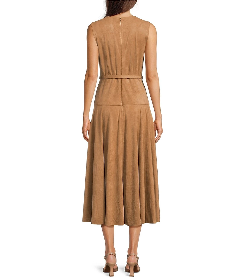 Alex Marie Leigh Faux Suede Crew Neckline Sleeveless Belted Maxi Dress
