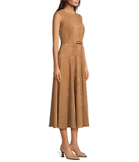 Alex Marie Leigh Faux Suede Crew Neckline Sleeveless Belted Maxi Dress