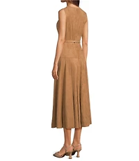 Alex Marie Leigh Faux Suede Crew Neckline Sleeveless Belted Maxi Dress